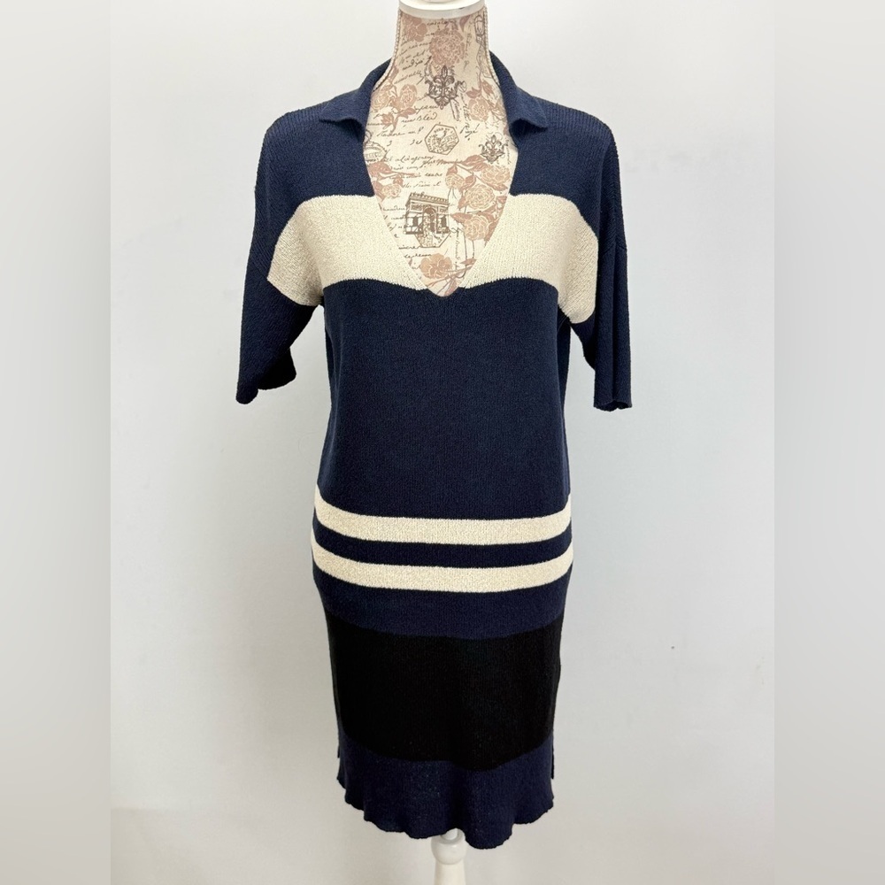 JAMES PERSE Navy and cream stripe V neck sweater dress size M